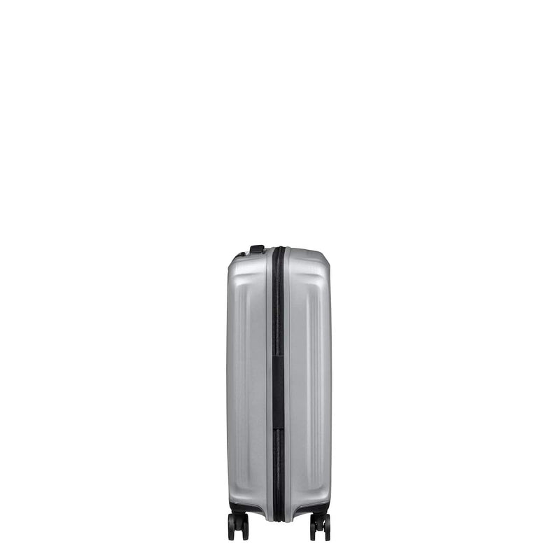 side of matte silver Samsonite Nuon Spinner Carry-on Expandable