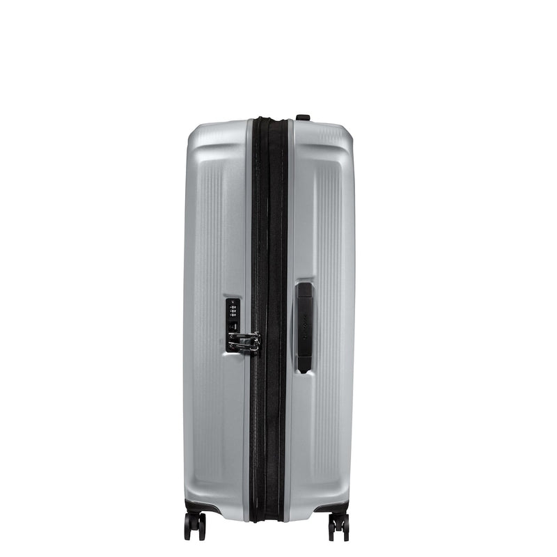 expanded matte silver Samsonite Nuon Spinner Large Expandable