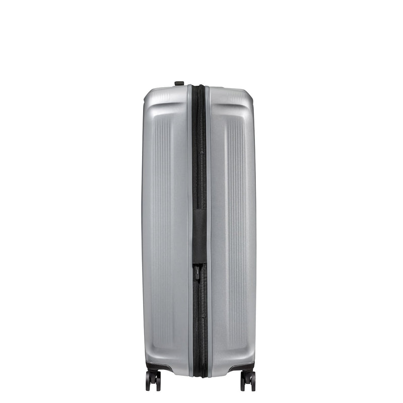 side of matte silver Samsonite Nuon Spinner Large Expandable