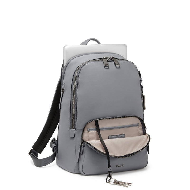 front pocket of pearl grey TUMI Voyageur Hannah Women's Leather Backpack
