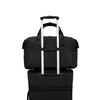 Black Samsonite rolling suitcase on a white background