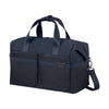 Navy blue Samsonite duffel bag with multiple pockets on a white background