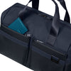 Navy Samsonite duffel bag with a teal wallet inside on a white background