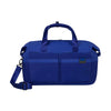 Blue Samsonite duffel bag with a shoulder strap on a white background