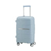 Light blue Samsonite suitcase with a visible brand logo on a white background