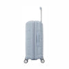 Light blue Samsonite suitcase with wheels on a white background