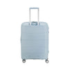 Light blue Samsonite suitcase with wheels on a white background