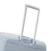 Close-up of a light blue Samsonite suitcase handle on a white background