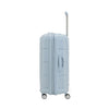 Light blue Samsonite suitcase with wheels on a white background