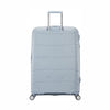 Light blue Samsonite suitcase with a textured surface on a white background