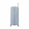 Light blue Samsonite suitcase with a pattern on a white background