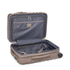 Open beige TUMI suitcase with blue interior on a white background