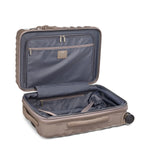 Open beige TUMI suitcase with blue interior on a white background