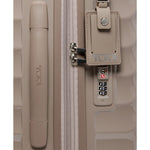 Beige TUMI suitcase with a combination lock on a white background
