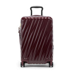 Maroon TUMI suitcase with diagonal stripes on a white background