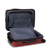 Red TUMI suitcase with open lid on a white background