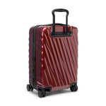Red TUMI suitcase with a black handle on a white background