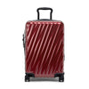 Red TUMI suitcase with black handle and wheels on a white background