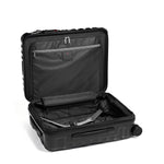 Black open TUMI suitcase on a white background