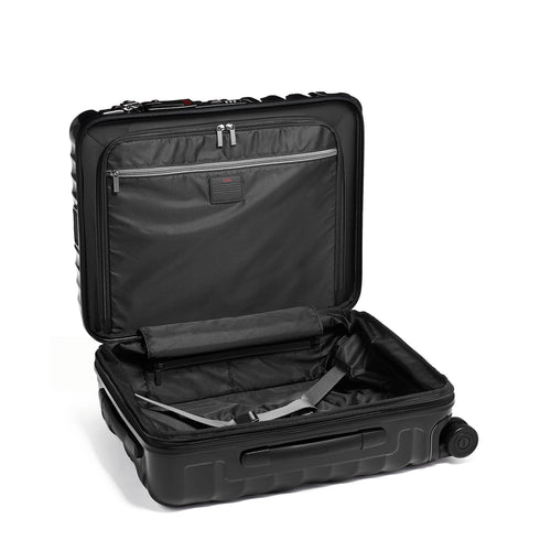 Black open TUMI suitcase on a white background