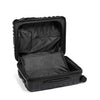 Black open TUMI suitcase on a white background