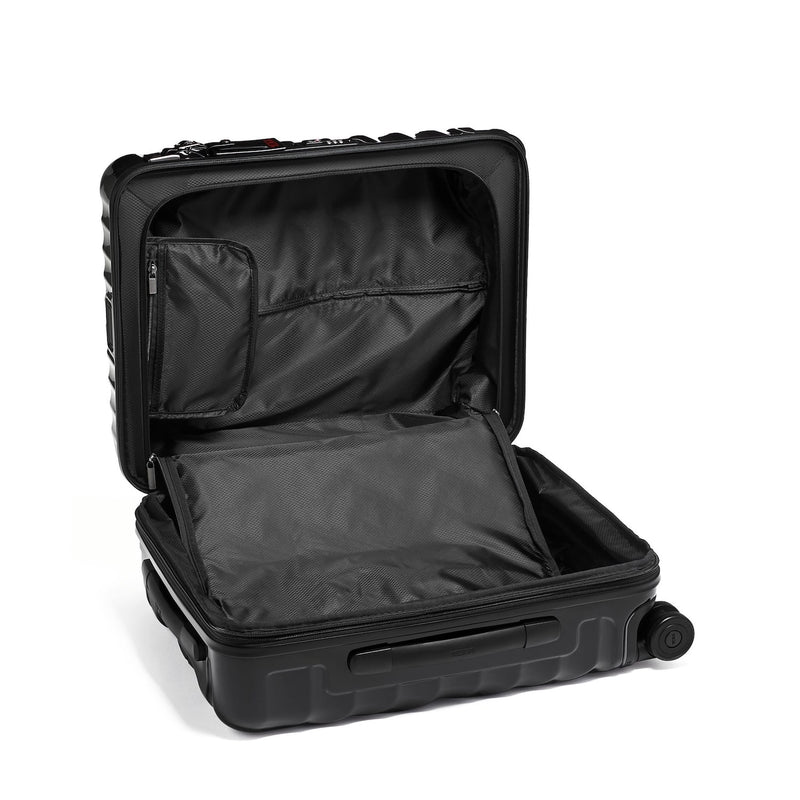 Black open TUMI suitcase on a white background