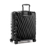 Black TUMI suitcase with striped pattern on a white background