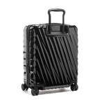 Black TUMI suitcase with striped pattern on a white background