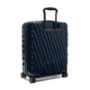Navy TUMI suitcase with a black handle on a white background