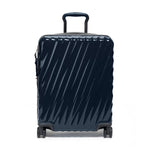 Navy blue TUMI suitcase with a striped pattern on a white background
