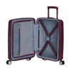 Open maroon American Tourister suitcase with gray interior on a white background
