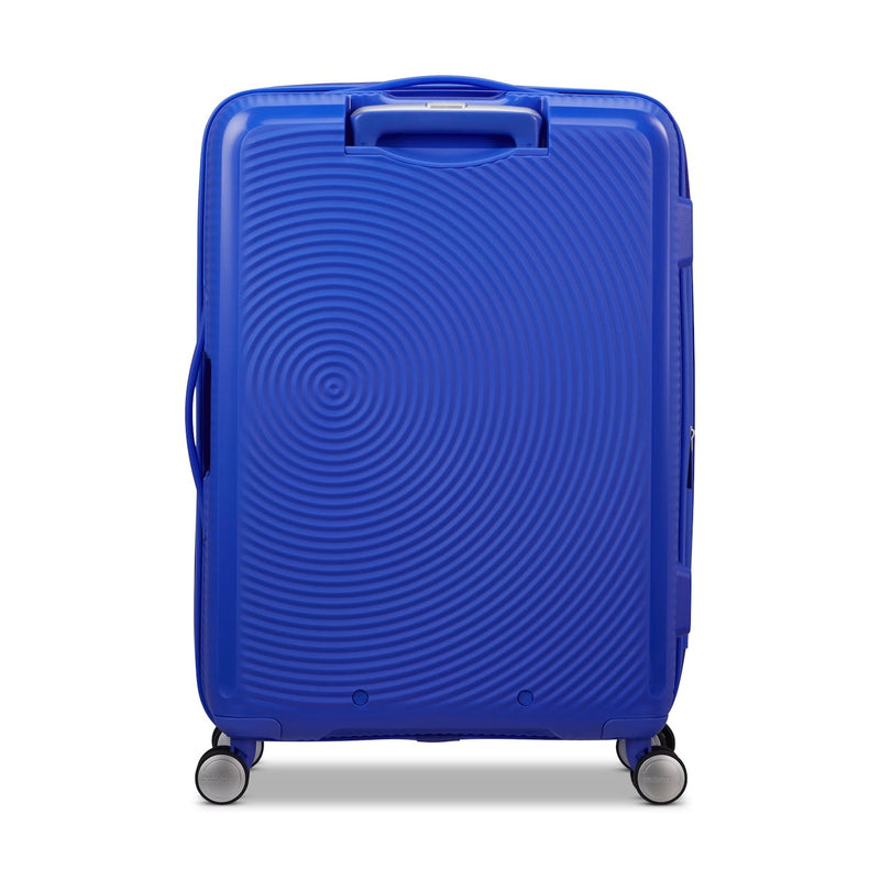 back of cobalt blue American Tourister Curio Spinner Medium Expandable
