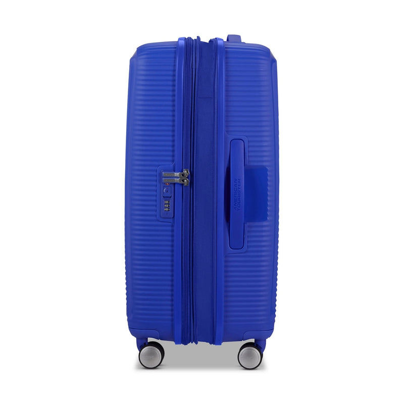 expanded cobalt blue American Tourister Curio Spinner Medium Expandable