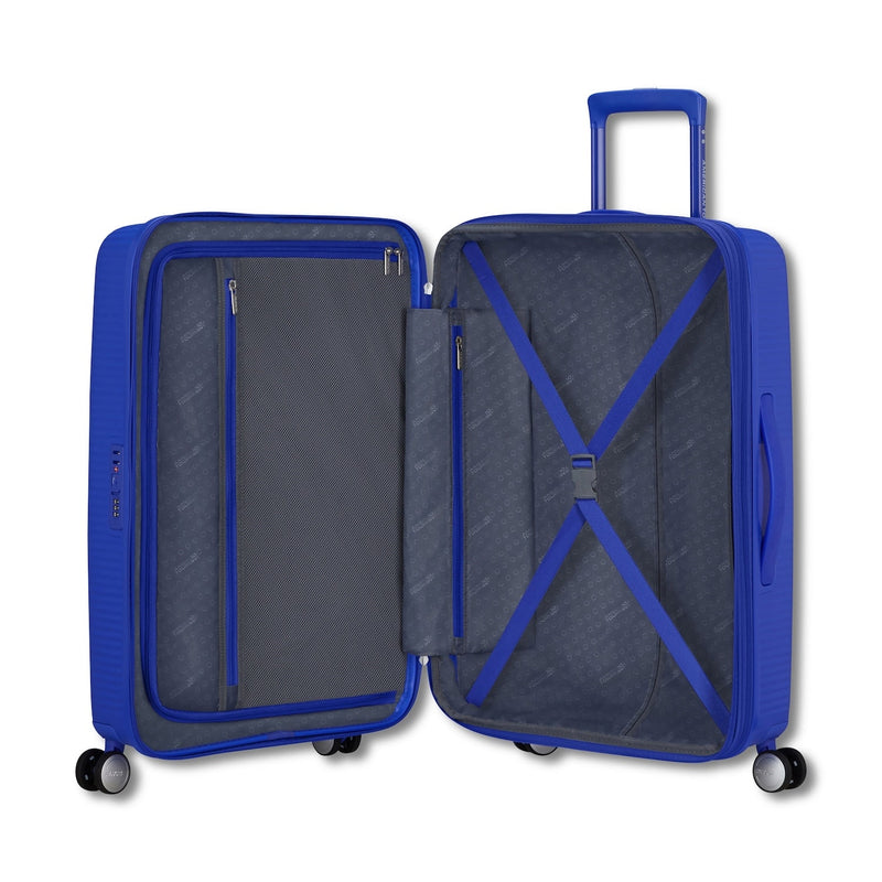 inside of cobalt blue American Tourister Curio Spinner Medium Expandable