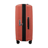 Expanded Orange Samsonite suitcase with black handle and wheels on a white background