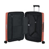 Open red Samsonite suitcase with black interior on a white background
