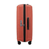 Orange Samsonite suitcase with black handle and wheels on a white background