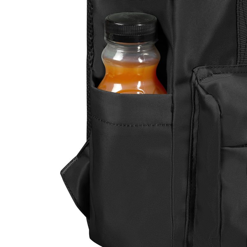 Black American Tourister Urban Groove backpack with a bottle of juice in a pocket on a white background