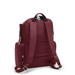 Wine TUMI backpack with gold accents on a white background