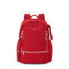 Red TUMI backpack with silver hardware on white background