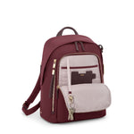 Wine TUMI backpack with a key chain on a white background
