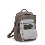 Mink TUMI backpack with multiple pockets on a white background