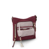 Wine TUMI crossbody bag with gold zippers on a white background