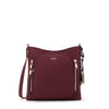Wine TUMI handbag with gold zippers on a white background