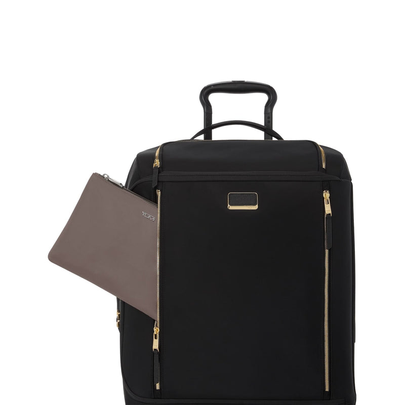 Black suitcase with a brown travel pouch on a white background