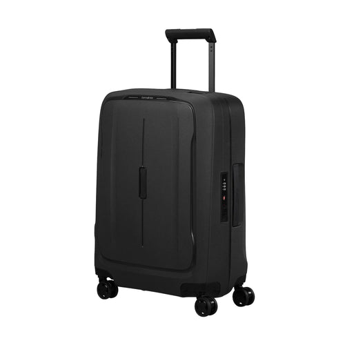 Black Samsonite suitcase with wheels on a white background