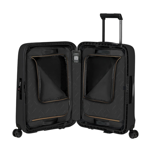 Black Samsonite suitcase with open compartments on a white background