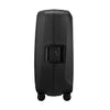 Black Samsonite suitcase with wheels on a white background