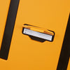 Close-up of a yellow Samsonite suitcase with a label holder.