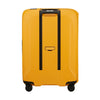 Yellow Samsonite suitcase with black handle and wheels on a white background
